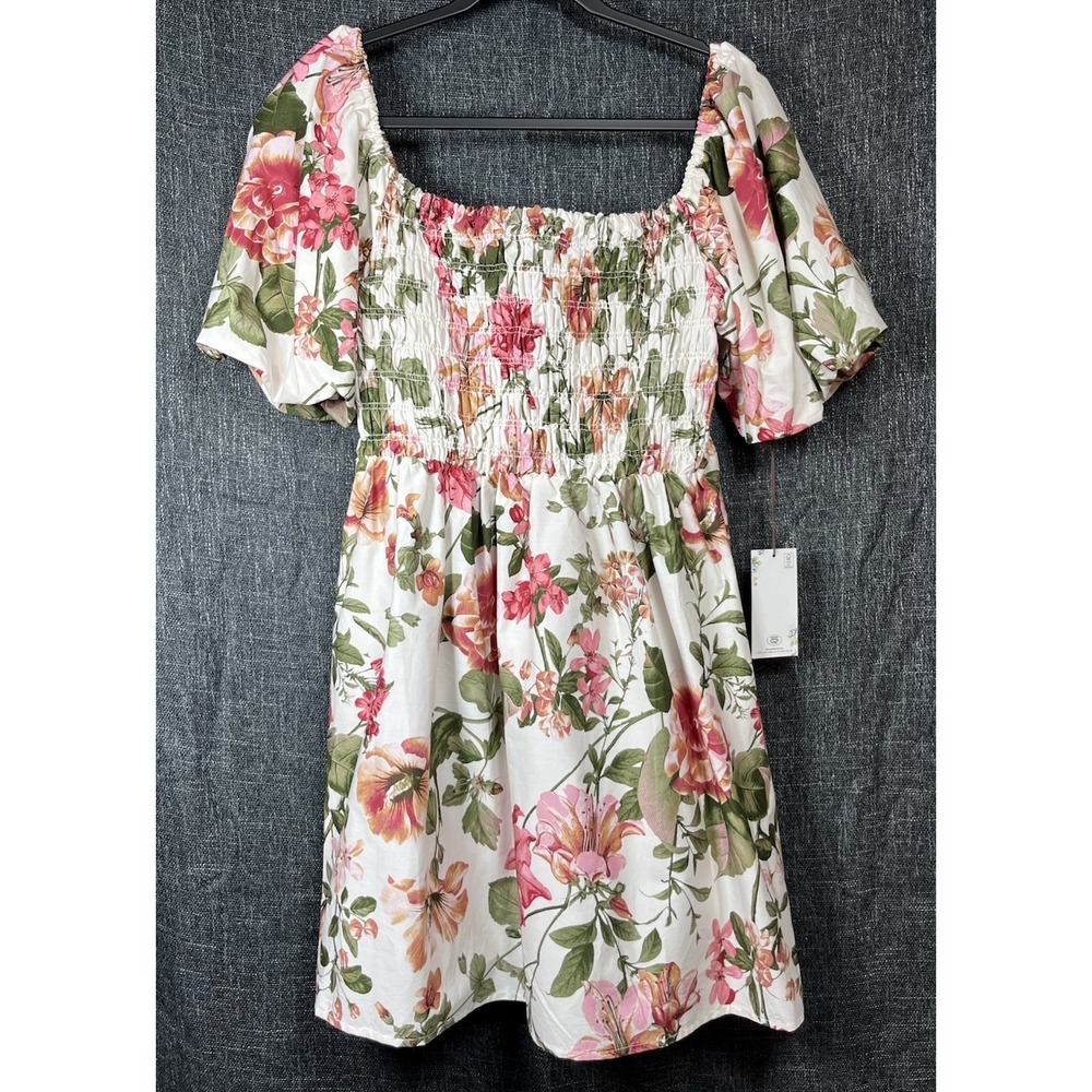 NWT LAURA ASHLEY Sz L Dress Floral Smocked Puff Sleeve Cream Pink Babydoll New